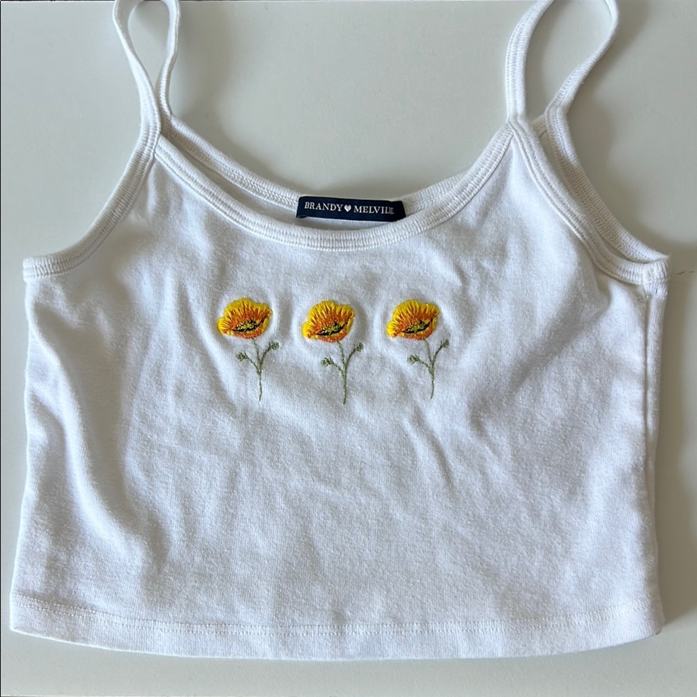 Brandy Melville Embroidered Floral Crop Top Spaghetti Strap Cottagecore Y2K